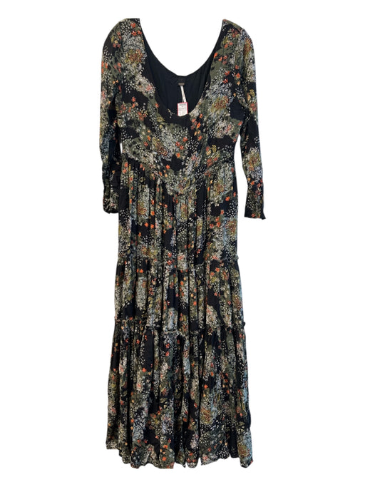 Free People Size 6 Green & Multi Rayon Scoop Neck Long Sleeve V Waist Dress Green & Multi / 6