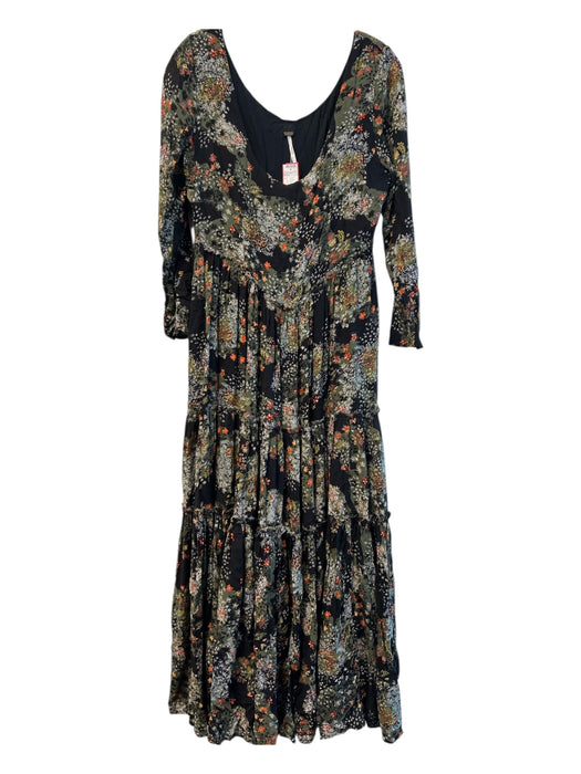 Free People Size 6 Green & Multi Rayon Scoop Neck Long Sleeve V Waist Dress Green & Multi / 6