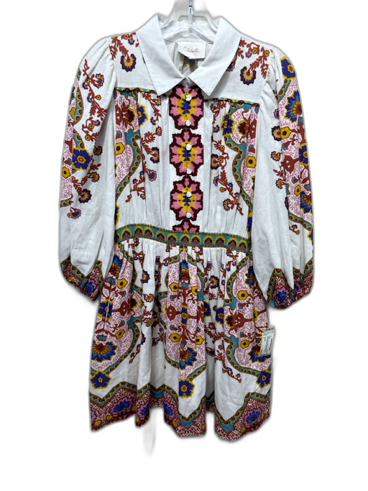 Cleobella Size S White, Brown & Multi Cotton & Linen Long puff sleeve Dress White, Brown & Multi / S