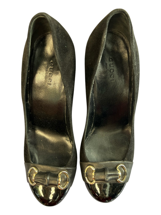 Gucci Shoe Size 38 Black Suede Patent Leather Wedge Bamboo Horsebit Shoes Black / 38