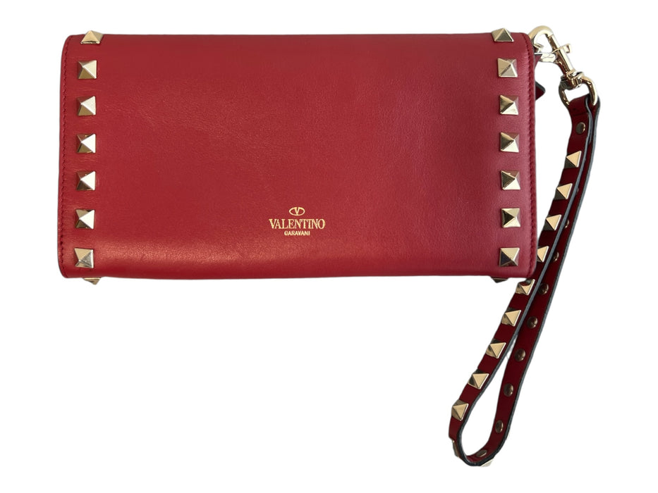 Valentino Garavani Red Leather Pyramid studs Solid Removable Strap Wallets Red