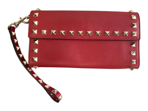 Valentino Garavani Red Leather Pyramid studs Solid Removable Strap Wallets Red