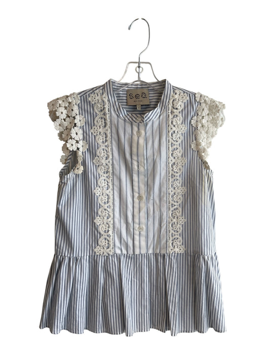 Sea New York Size 4 Blue & White 100% Cotton Sleeveless Lace Detail Top Blue & White / 4