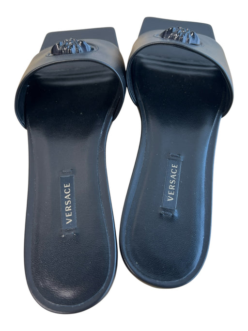 Versace Shoe Size 37.5 Black Leather Open Square Toe 3D logo Sandal Shoes Black / 37.5