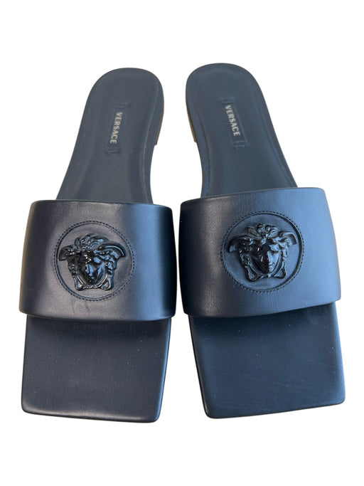 Versace Shoe Size 37.5 Black Leather Open Square Toe 3D logo Sandal Shoes Black / 37.5