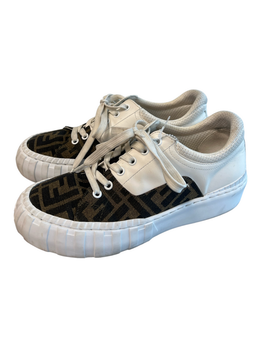 Fendi Shoe Size 38 White & Brown Leather Canvas Monogram Logo Lace Up Shoes White & Brown / 38