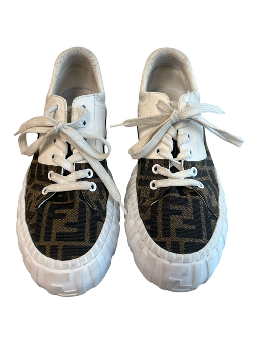 Fendi Shoe Size 38 White & Brown Leather Canvas Monogram Logo Lace Up Shoes White & Brown / 38