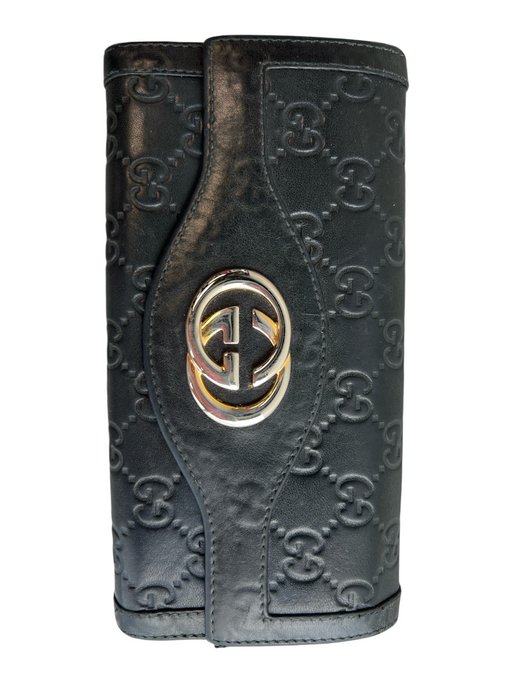 Gucci Black Leather goldtone hardware Interlocking GG Zip Around flap Wallets Black