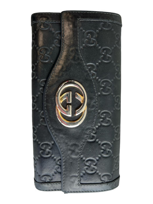 Gucci Black Leather goldtone hardware Interlocking GG Zip Around flap Wallets Black