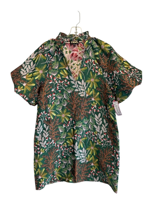 THML Size S Green, Pink, Red Polyester Jacquard Botanical Pockets Dress Green, Pink, Red / S