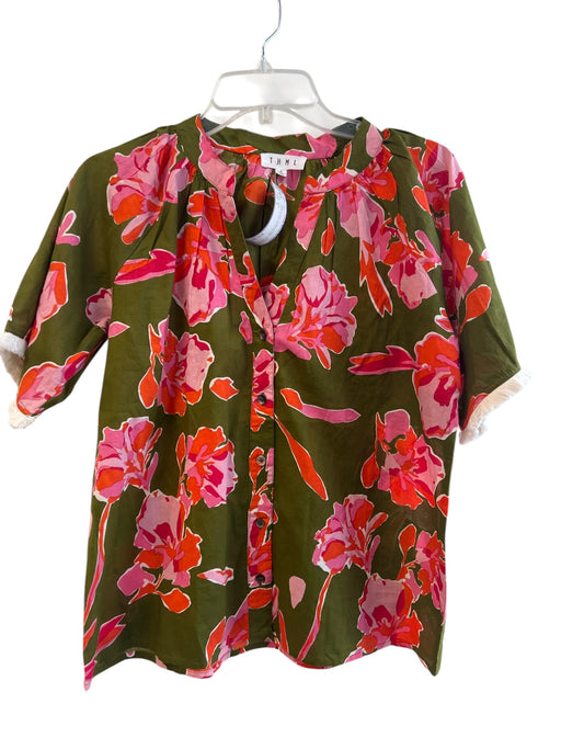 THML Size S Green & Pink Cotton V Neck 1/2 Sleeve Floral Fringe Top Green & Pink / S