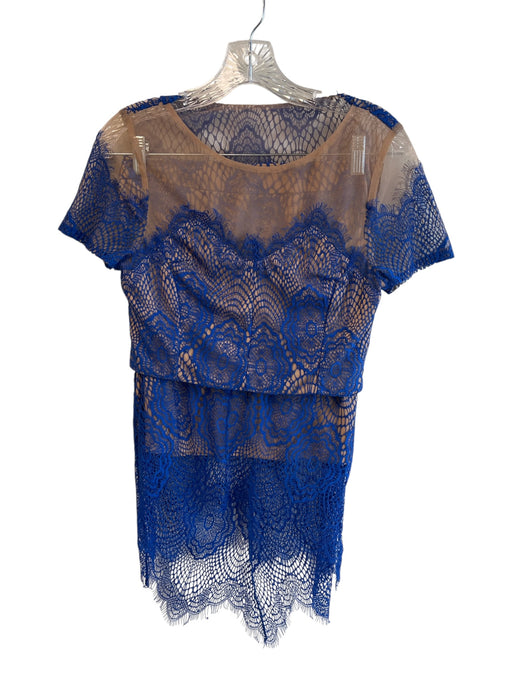 L'ATISTE Size M Blue & Tan Nylon Lace Overlay Zip Close Cropped Skirt Set Blue & Tan / M