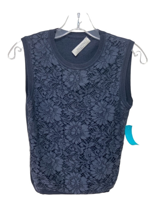 Valentino Size S Navy Wool Blend Floral Lace Sleeveless Ribbed Trim Top Navy / S