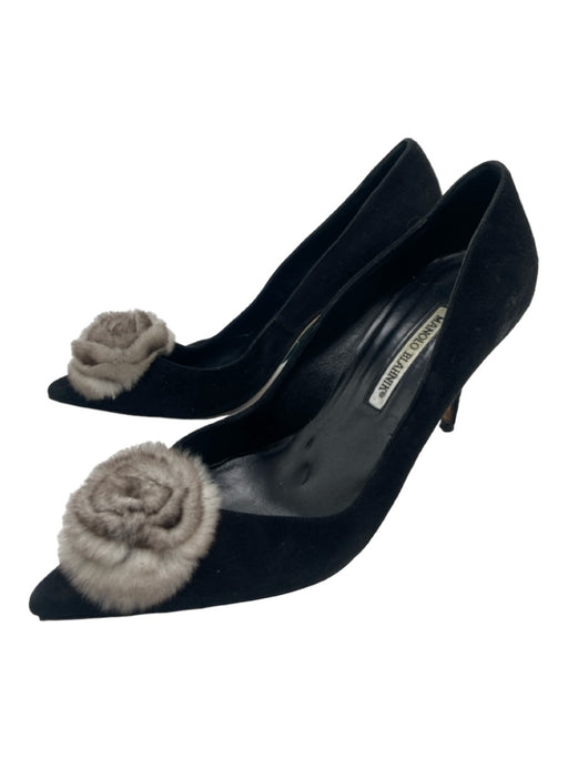 Manolo Blahnik Shoe Size 40 Black & Gray Suede Rabbit Fur Pointed Toe Midi Pumps Black & Gray / 40