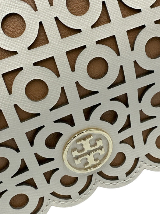 Tory Burch White & Beige Leather Laser Cut Gold Hardware Magnetic Flap Bag White & Beige / S