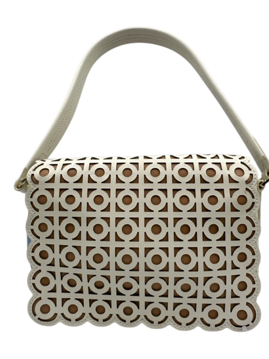 Tory Burch White & Beige Leather Laser Cut Gold Hardware Magnetic Flap Bag White & Beige / S