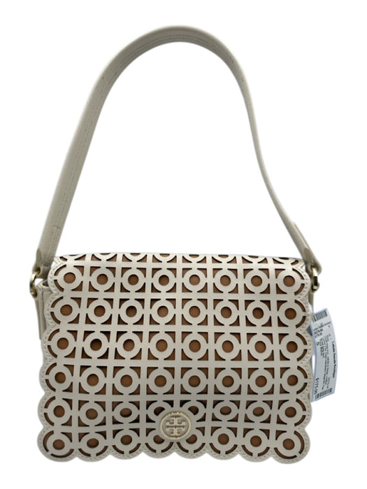 Tory Burch White & Beige Leather Laser Cut Gold Hardware Magnetic Flap Bag White & Beige / S