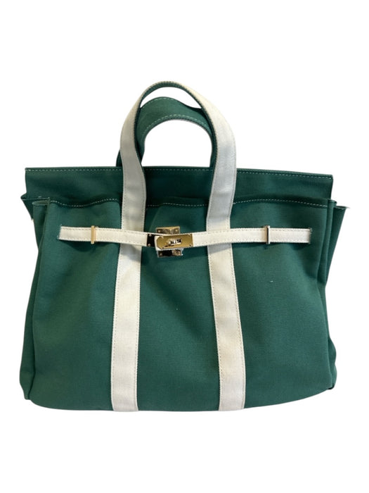 Runway Athletics Green & Cream Canvas Gold hardware Turn Lock Top Handle Bag Green & Cream / L