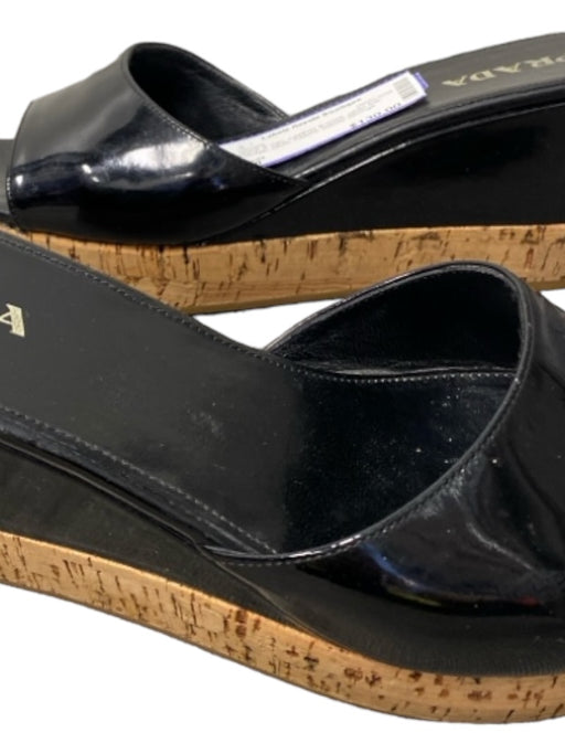Prada Shoe Size 38 Black & Tan Leather & Cork open toe Wedge Slide Patent Shoes Black & Tan / 38
