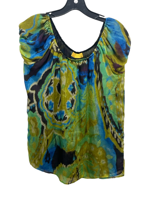 SOCA St John Size S Green & Blue Silk Abstract Wide Neck Short Sleeve Top Green & Blue / S