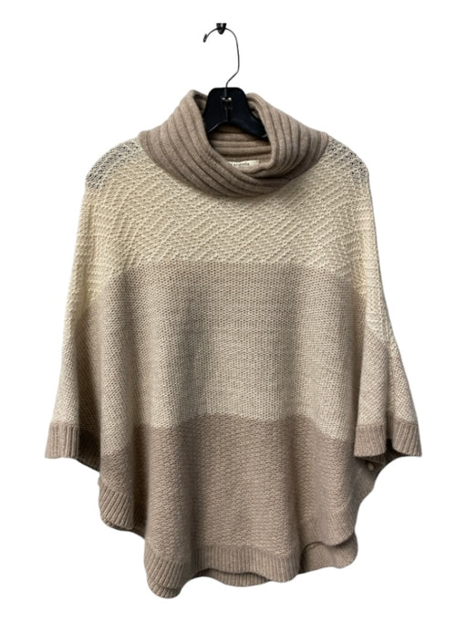 Rani Arabella Tan Cashmere Shawl Collar Ribbed Knit Color Block Poncho Tan / Medium