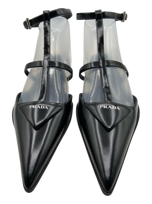 Prada Shoe Size 37.5 Black & White Leather Pointed Toe cage Ankle Strap Flats Black & White / 37.5