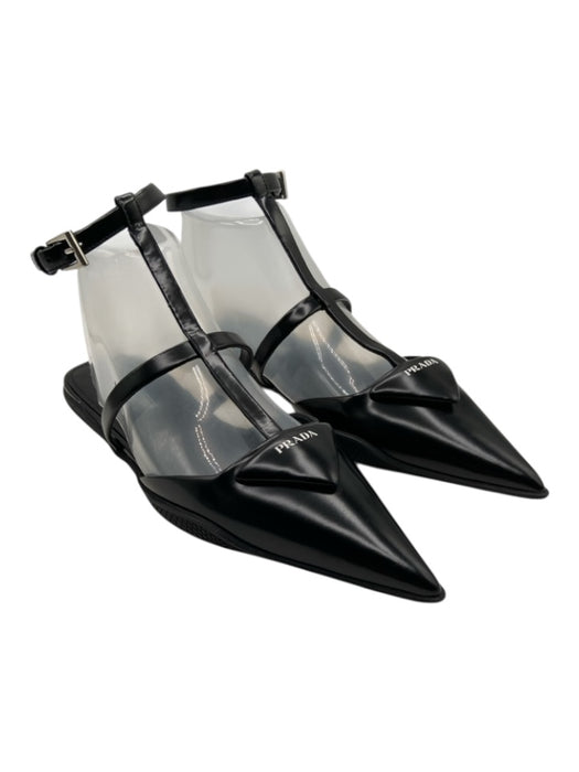 Prada Shoe Size 37.5 Black & White Leather Pointed Toe cage Ankle Strap Flats Black & White / 37.5