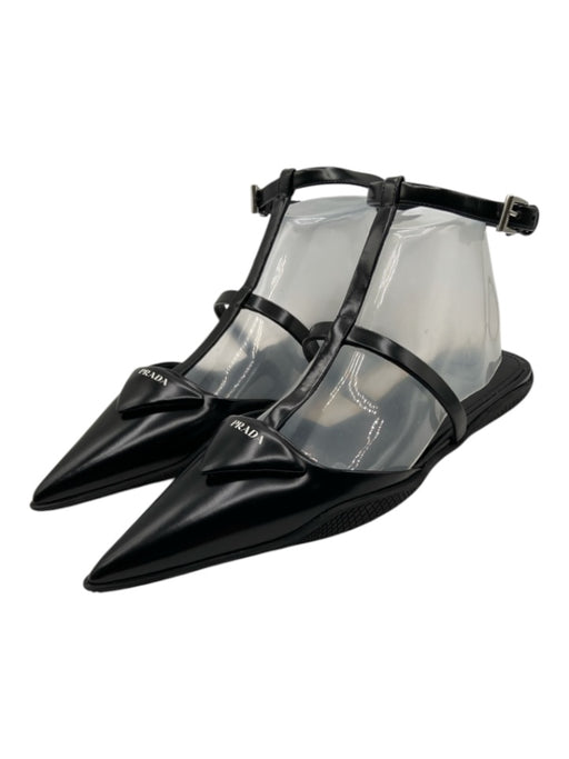 Prada Shoe Size 37.5 Black & White Leather Pointed Toe cage Ankle Strap Flats Black & White / 37.5