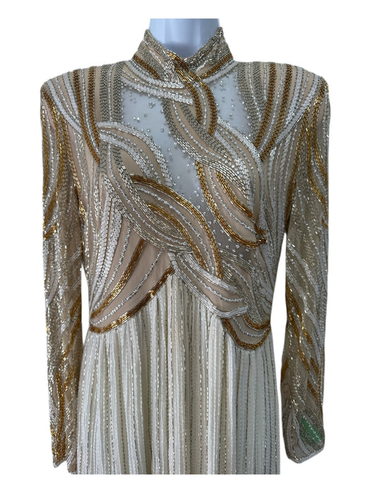 Bob Mackie Size 12 Beige & Cream Silk Beaded Empire Waist Long Sleeve Gown Beige & Cream / 12