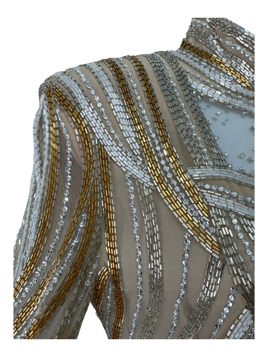 Bob Mackie Size 12 Beige & Cream Silk Beaded Empire Waist Long Sleeve Gown Beige & Cream / 12