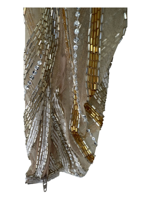 Bob Mackie Size 12 Beige & Cream Silk Beaded Empire Waist Long Sleeve Gown Beige & Cream / 12