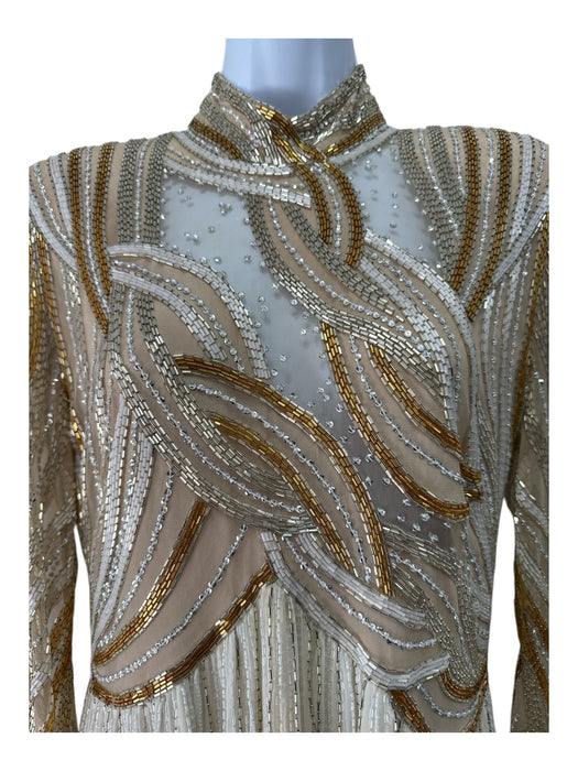 Bob Mackie Size 12 Beige & Cream Silk Beaded Empire Waist Long Sleeve Gown Beige & Cream / 12