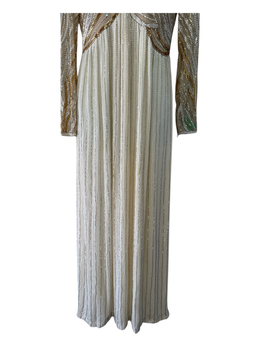 Bob Mackie Size 12 Beige & Cream Silk Beaded Empire Waist Long Sleeve Gown Beige & Cream / 12