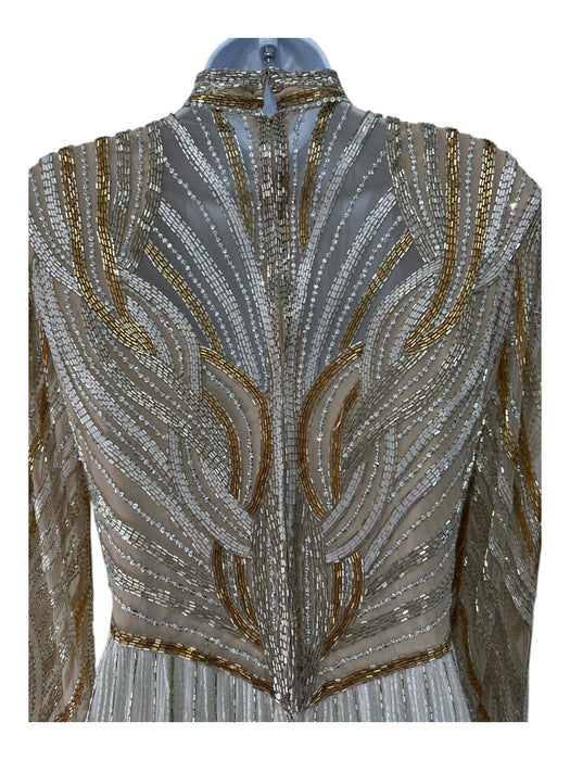 Bob Mackie Size 12 Beige & Cream Silk Beaded Empire Waist Long Sleeve Gown Beige & Cream / 12
