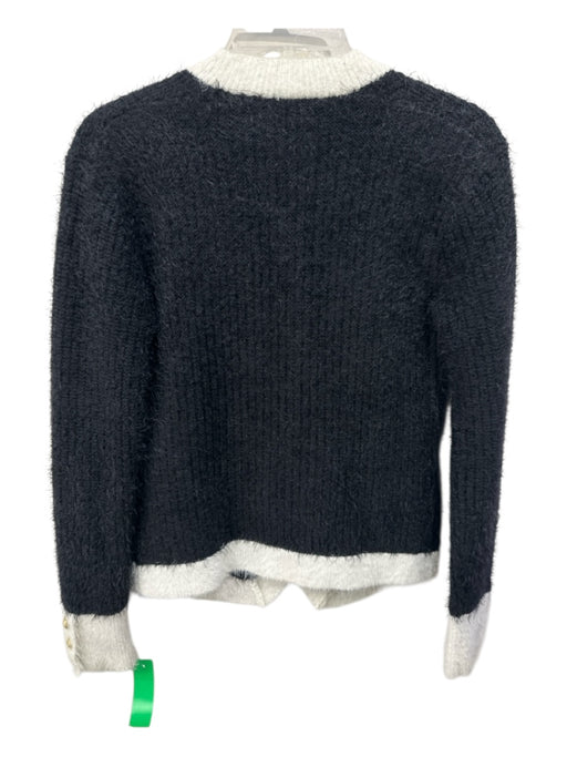 L'agence Size XS Black & White Nylon Blend Fuzzy Contrast Trim V Neck Cardigan Black & White / XS