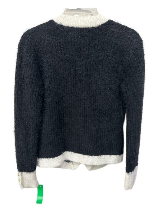 L'agence Size XS Black & White Nylon Blend Fuzzy Contrast Trim V Neck Cardigan Black & White / XS
