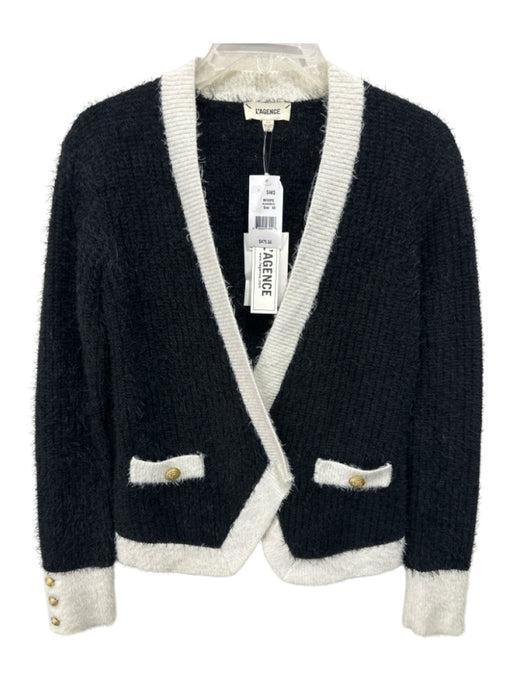 L'agence Size XS Black & White Nylon Blend Fuzzy Contrast Trim V Neck Cardigan Black & White / XS
