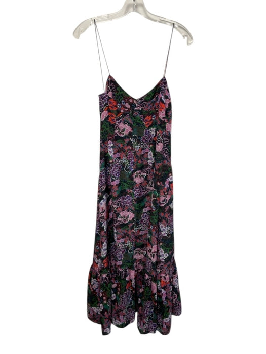 Saloni Size 2 Black, Green, Pink Silk Spaghetti Strap Floral Print V Neck Dress Black, Green, Pink / 2