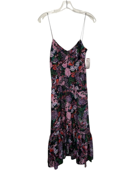 Saloni Size 2 Black, Green, Pink Silk Spaghetti Strap Floral Print V Neck Dress Black, Green, Pink / 2