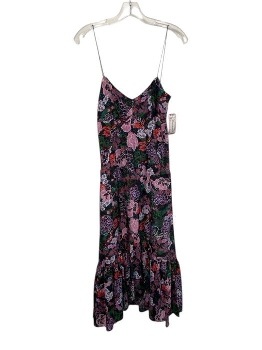 Saloni Size 2 Black, Green, Pink Silk Spaghetti Strap Floral Print V Neck Dress Black, Green, Pink / 2
