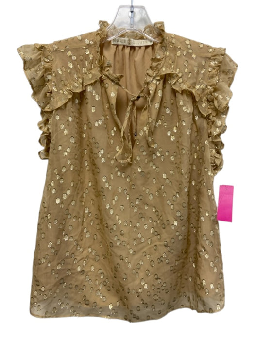 Marie Oliver Size XS Beige & Gold Silk & Metallic Ruffle Cap Sleeve Top Beige & Gold / XS