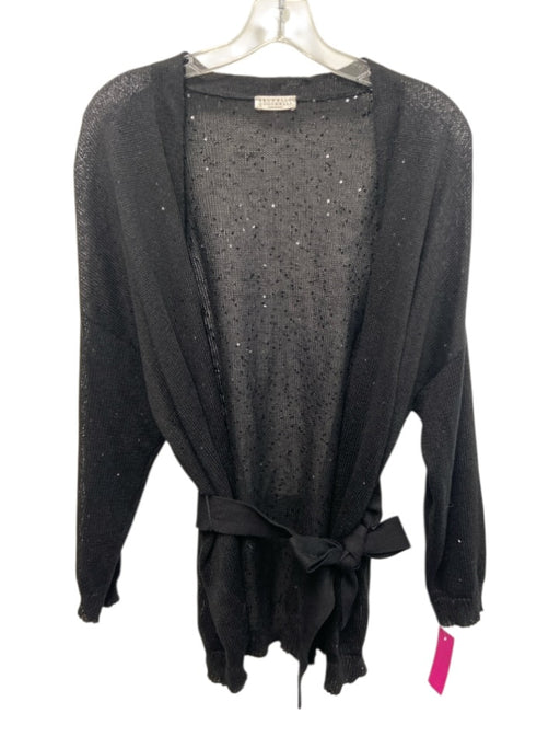 Brunello Cucinelli Size M Black Linen & Silk Sequins Open Front Sash Cardigan Black / M