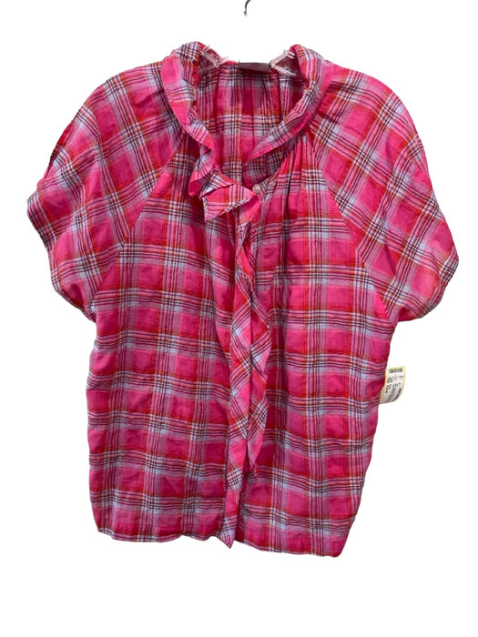 Finley Size Est M Pink Missing Fabric Plaid Button Up Short Sleeve Top Pink / Est M