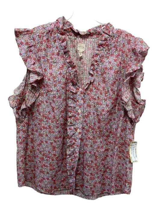 La Vie Rebecca Taylor Size XL Pink & Multi Cotton Metallic Thread Ruffle Top Pink & Multi / XL