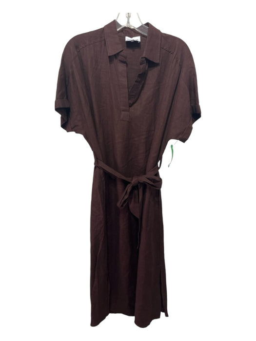 FRNCH Size S Dark Brown Viscose & Linen Blend Tie Belt Pockets Cuffed Hem Dress Dark Brown / S