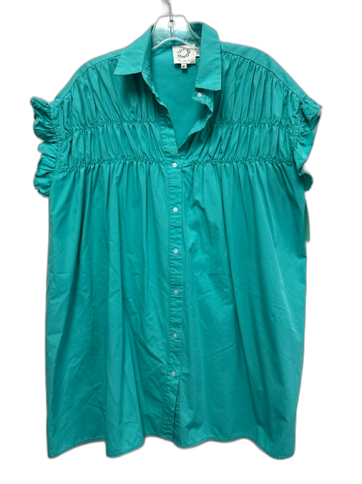 Lili Sidonio Size M Aqua Green Cotton Shirred Ruffle Button Up Dress Aqua Green / M