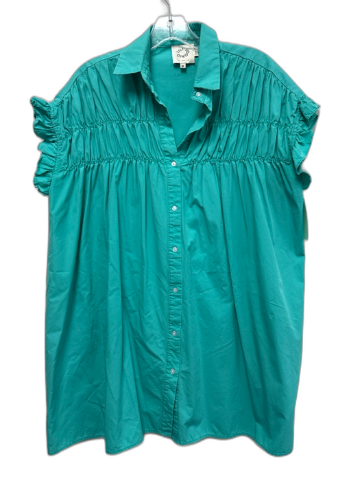 Lili Sidonio Size M Aqua Green Cotton Shirred Ruffle Button Up Dress Aqua Green / M