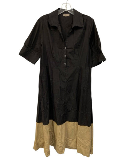 Lilla P Size M Black & Beige Cotton Button Up Collar Short Puff Sleeve Dress Black & Beige / M