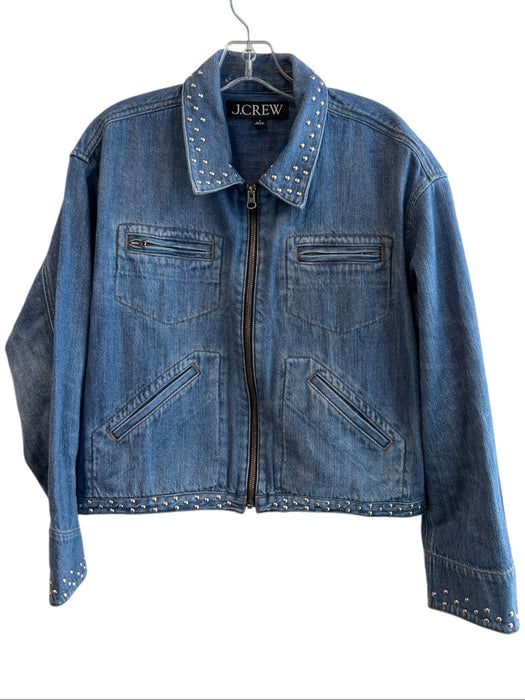 J Crew Size S Blue Cotton Denim Long Sleeve Zip Front Beaded Detail Jacket Blue / S