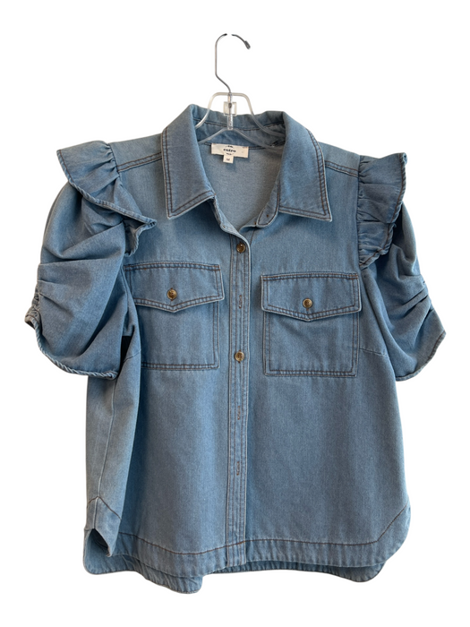 Entro Size M Blue Cotton Collared Button Up Ruffle Detail Hi Lo Top Blue / M